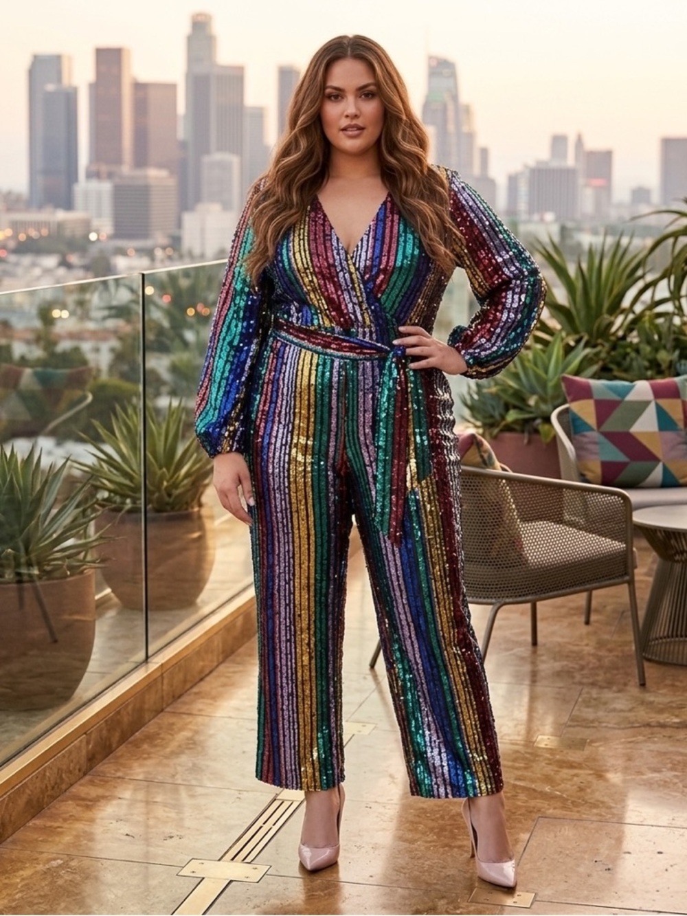 Eloquii Multicolor Stripe All Over Sequin Wide Leg Jumpsuit Plus Size 22